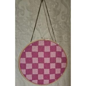 Embroidery Hoop Art Pink Checkerboard Beaded Wall Hanging